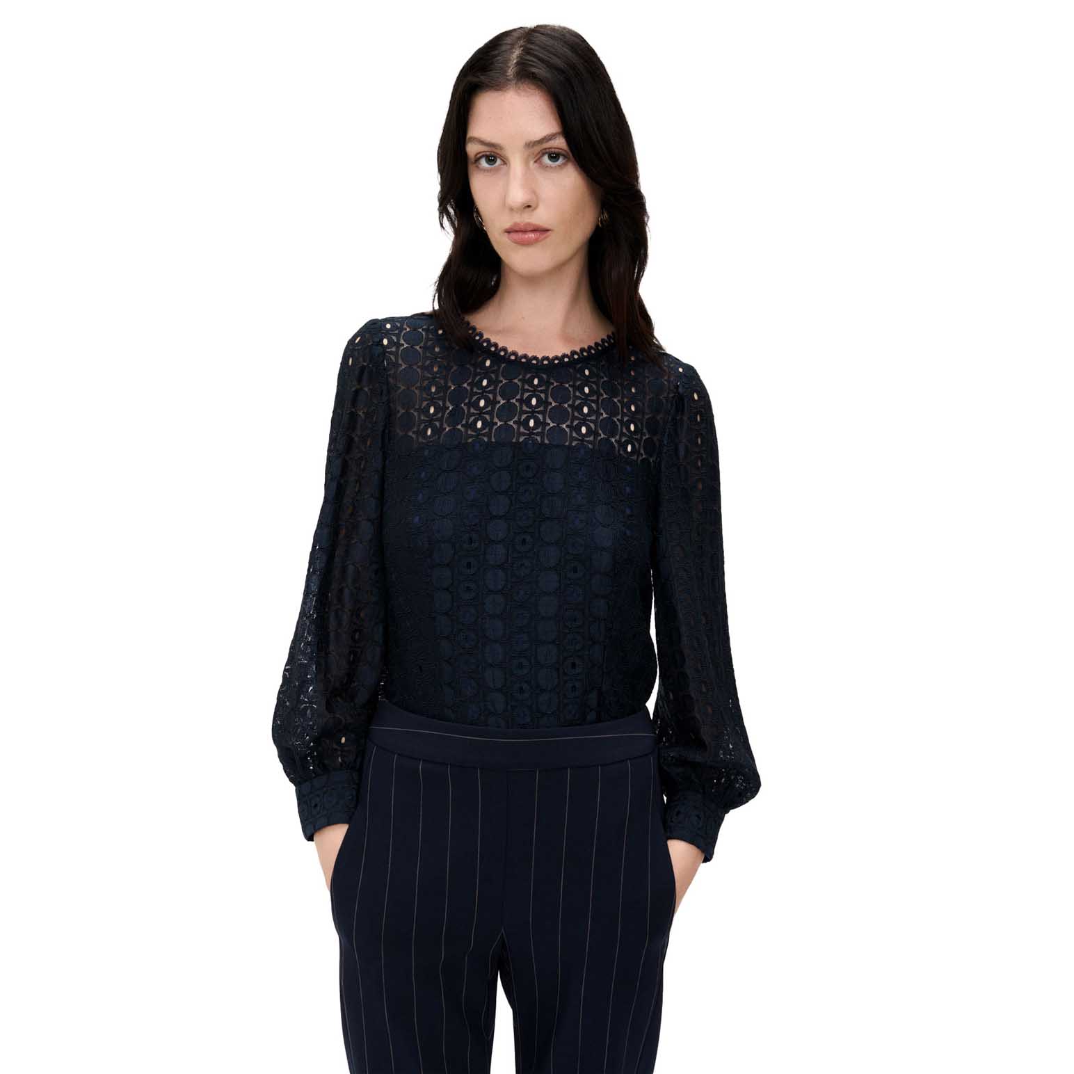 Veronika Maine Geometric Lace Blouson Sleeve Top
